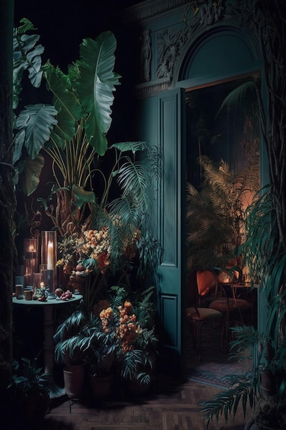 A room with plants and a lamp