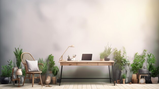 A room with plants and a laptop on the table