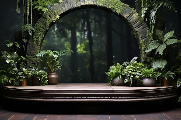 A room with plants and a large arch with a green background