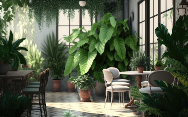 식물이 있는 방과 의자가 있는 테이블과 '그린'이라는 표지판이 있는 테이블