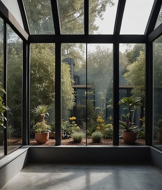 a room with plants and trees and a large window with a view of the forest