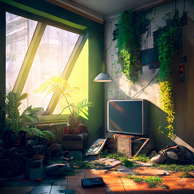 A room with plants and a tv that is surrounded by plants.