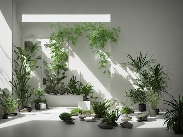 A room with plants and a wall with a sun beam