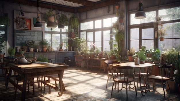 A room with plants on the walls and a table with chairs and a table with a sign that says'the word " on it.