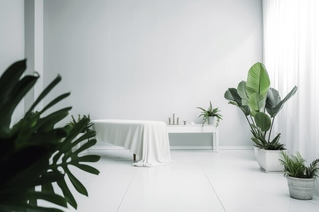 A room with plants and a white wall