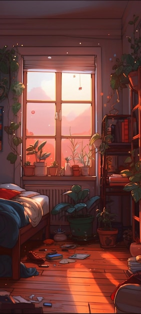 A room with plants and a window that says'house on it '