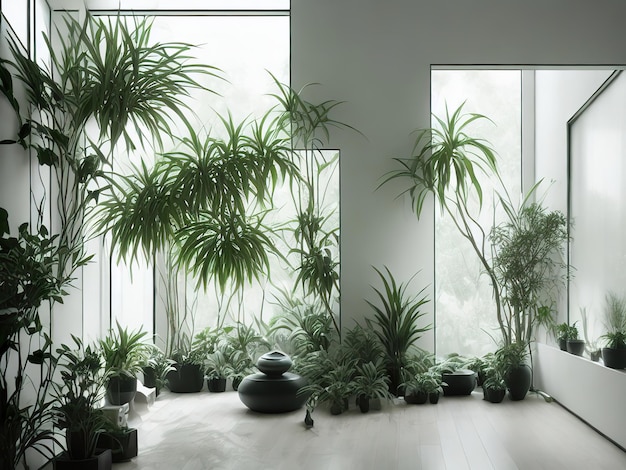 A room with plants and a window that says " the word " on it.