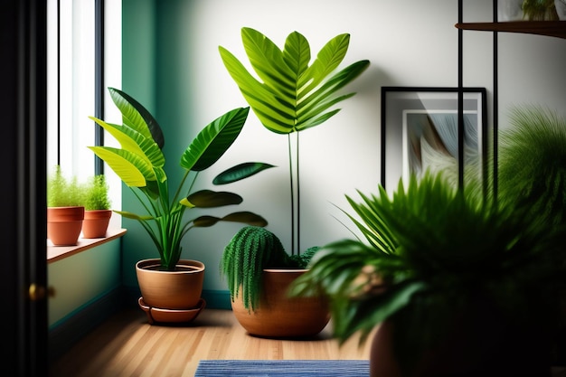 植物のある部屋と、壁にプランターの絵が描かれた窓。