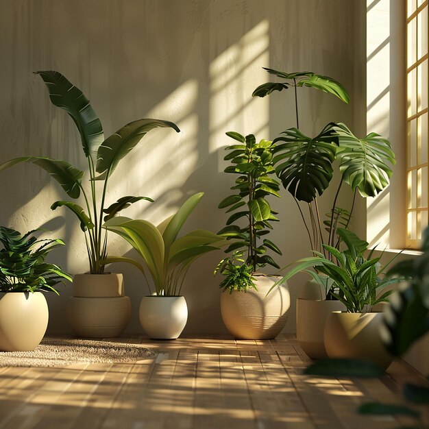 a room with plants and a window with the sun shining through the blinds