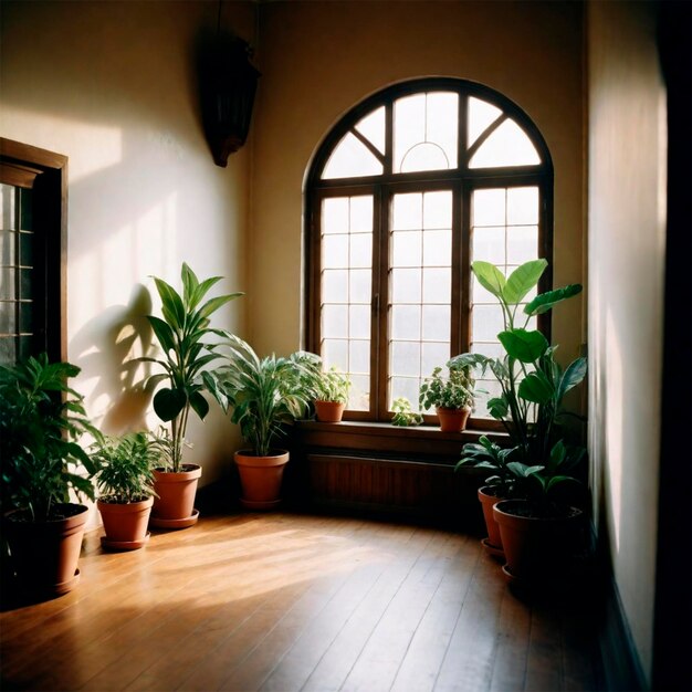 Photo a room with plants and a window with the sun shining through it