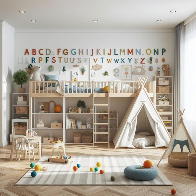 Photo a room with a play area that says  alphabet  on the wall