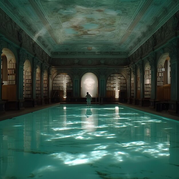 A room with a pool with a man standing in the middle of it