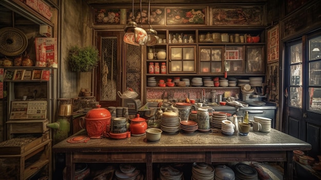 A room with pots and plates on it