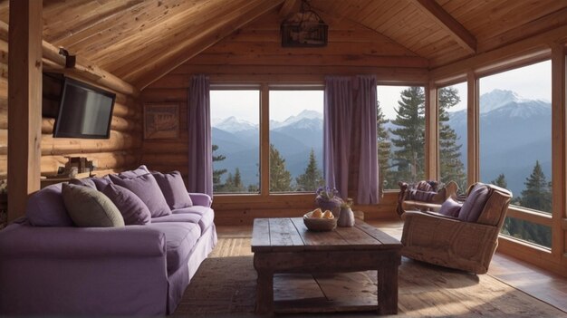 a room with a purple couch and a table with a purple couch and a table with a view of mountains