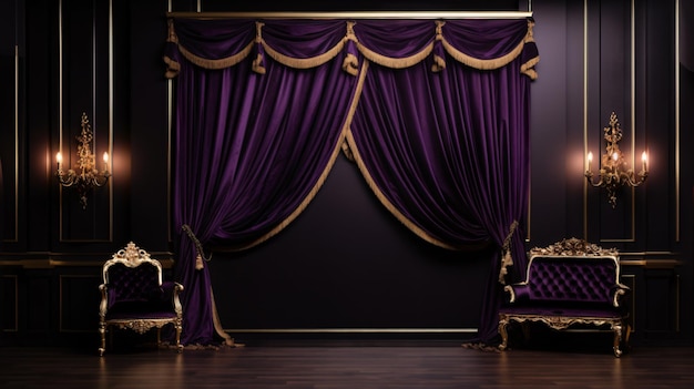 紫のカーテンと黒い壁の部屋