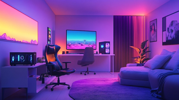 a room with a purple wall and a large screen with a picture of a sunset on it