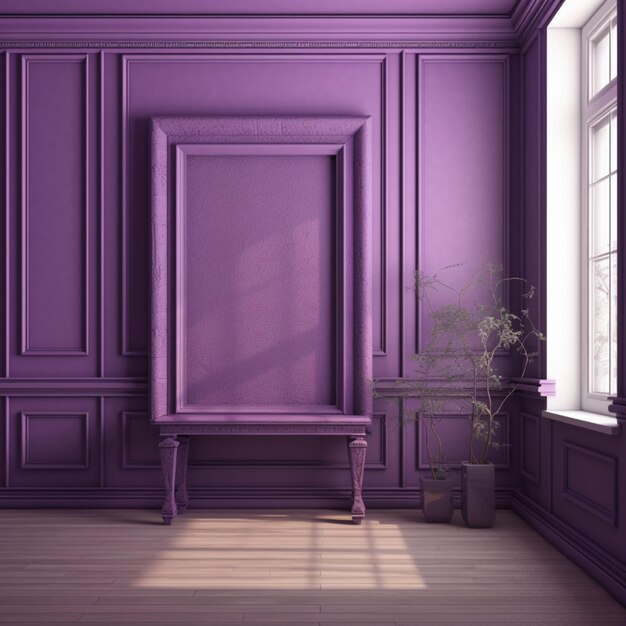 A room with a purple wall and a picture frame with a plant on it.