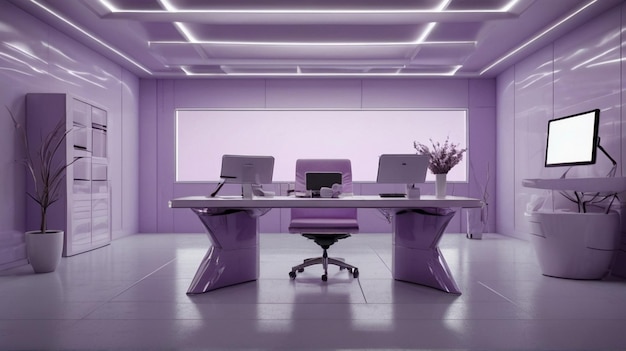 a room with a purple wall and two computers on it