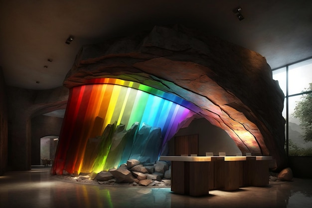 A room with a rainbow wall and a stone wall