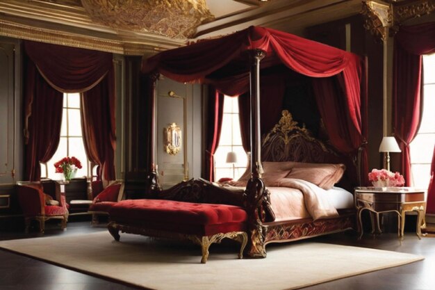 a room with a red carpet and a red and white couch