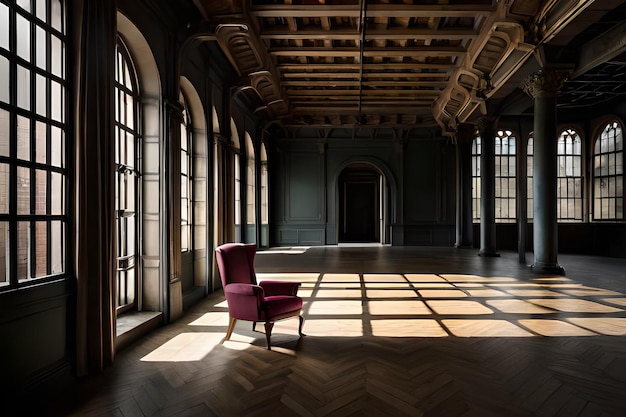 A room with a red chair in the middle of the room