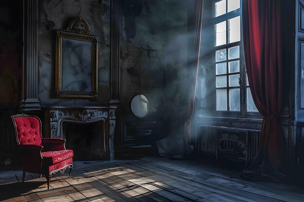a room with a red chair and a red chair with a red curtain