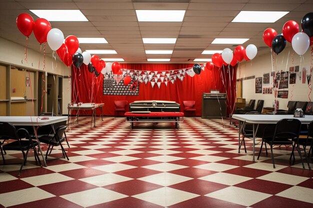 a room with a red curtain and balloons hanging from the ceiling