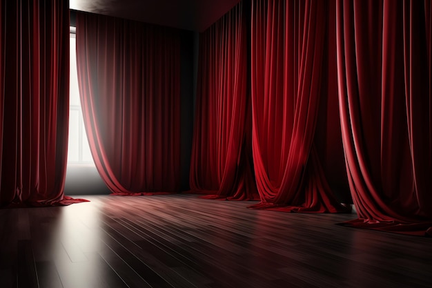 A room with red curtains and a window