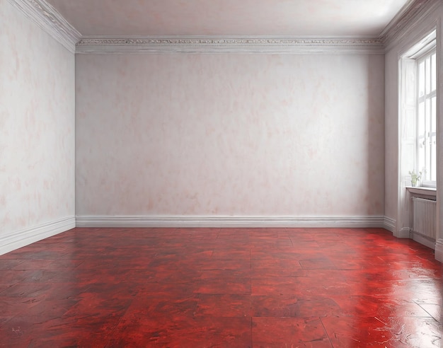 a room with a red floor and a white wall