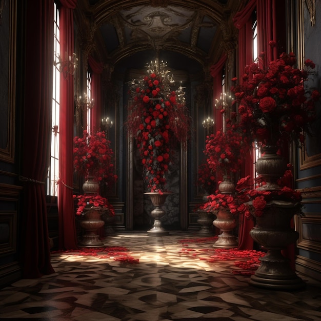 A room with red flowers and a large urn