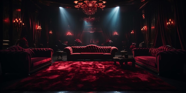 a room with red furniture and chandeliers