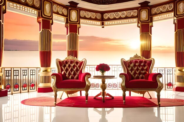 A room with a red and gold chair and a table with a red flower on it