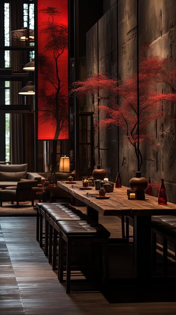 a room with a red tree on the wall and a table with chairs and a red tree