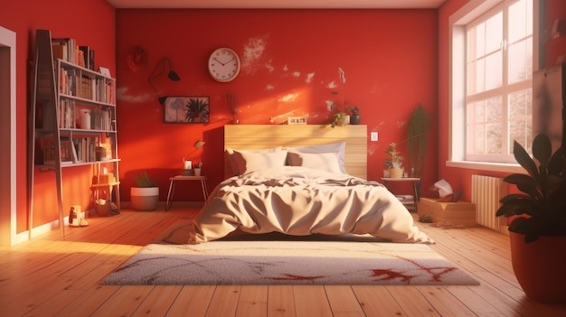 Комната с красной стеной и часами на стене, на которых написано «слово на ней».