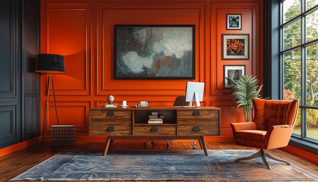 a room with a red wall and a picture of a plant and a painting on the wall
