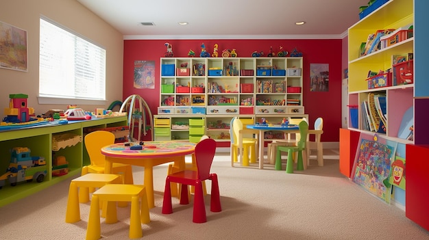 A room with a red wall and a play area with a play area and a play area with a play area.