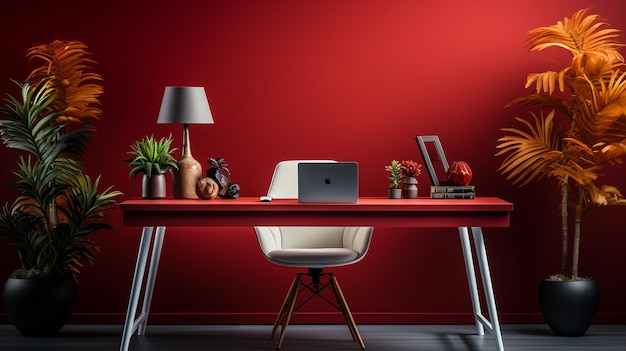 A room with a red wall and a white desk with a computer on it