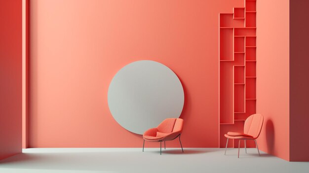A room with a red wall and a white shelf that says'orange '