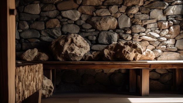 A room with rocks and a table with a rock on it