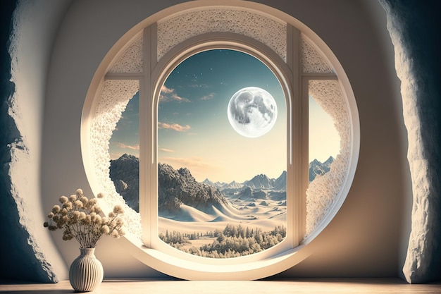 Foto una stanza con una finestra di vetro rotonda che si affaccia sullo sfondo di un bellissimo paesaggio