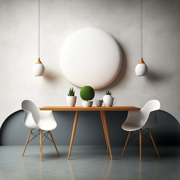 A room with a round sign above the table and two chairs.