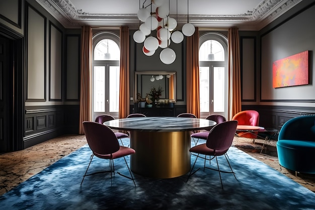 A room with a round table and chairs in red chairs