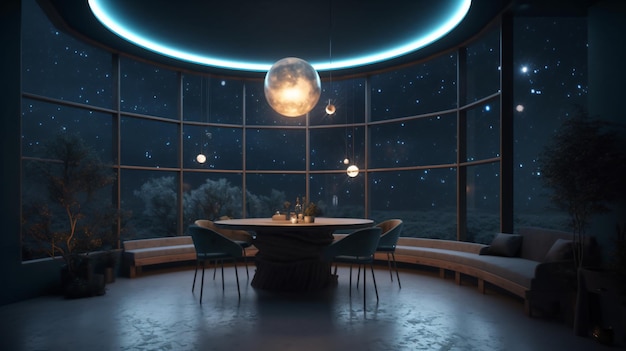 A room with a round table and a large glass window with a planet in the middle.