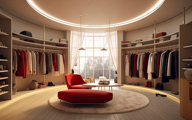 A room with a round table and a red chair in front of it.