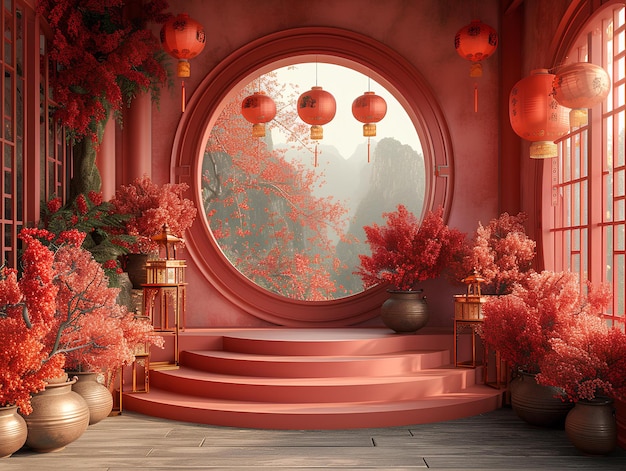 A room with a round window and a bunch of flowers