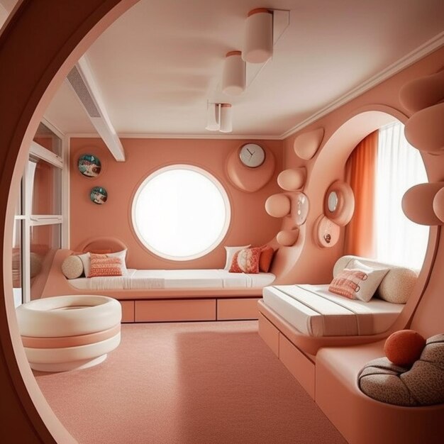 A room with a round window and a couch with pillows on it.