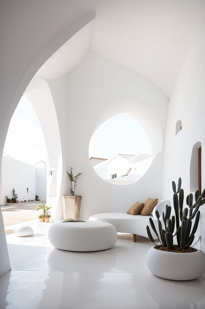 Photo a room with a round window and a plant in the corner