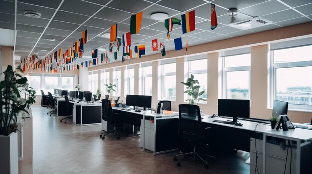 A room with a row of computers and a flag hanging from the ceiling