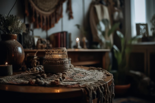 A room with a rug and a lamp on the table