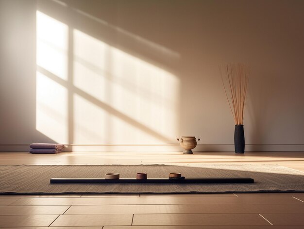 a room with a rug and pots and a vase with flowers in it.